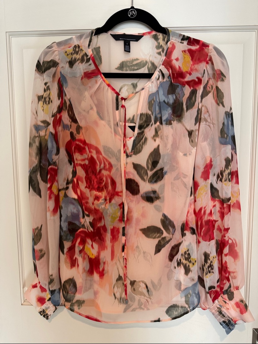 White House Black Market Pink Floral Tie-Neck Sheer Blouse